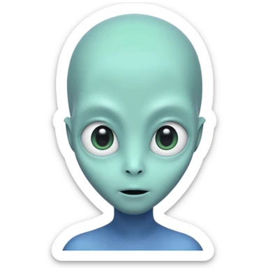 Portrait of an alien with smooth greenish-blue skin, large black oval eyes, small nose, and no visible ears, elongated head, front-facing, wearing t-shirt, soft glow, simple futuristic design sticker