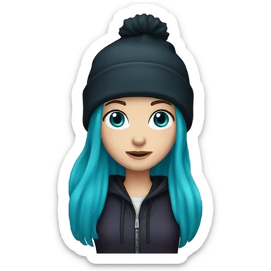 White girl, blue eyes, long teal hair, purple beanie hat, black hoodie, blue jeans, black shoes sticker
