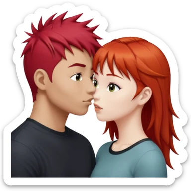 Asian Spiky short red hair  guy kissing redhead white girl with bangs long hair  sticker