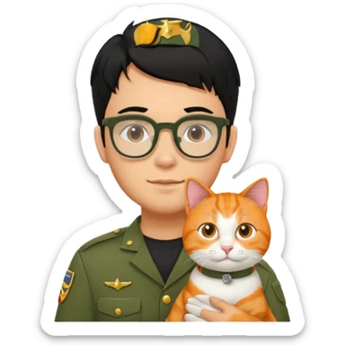 Veterinario hombre trigueño con lentes, con cabello negro, y con uniforme veterinario color verde militar cargando un gato naranja sticker