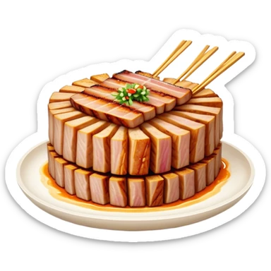 Cinematic Realistic Samgyeopsal Dish Emoji, depicted with sizzling, thick slices of pork belly grilled to perfection rendered with rich textures and warm, inviting lighting. sticker