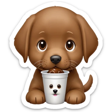 brown labrador puppy eating a pup cup sticker
