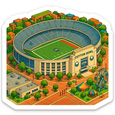 Изометричная, яркая, детализированная и фотореалистичная иллюстрация стадиона Cotton Bowl в стиле 3D-коллажей городов, насыщенные цвета, аккуратные и чёткие линии, мультяшно-реалистичная стилистика. Чёткие контуры, не размазанные линии, высокое качество, прозрачный фон, не обрезать края стадиона. sticker
