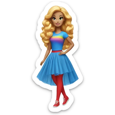 A Barbie with rainbow hair ,blue T-shirt,red tights and elongated blue chiffon skirt sticker
