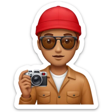Hombre de color caramelo con gorra roja, gafas y una camara sticker