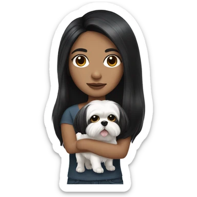 Colombian girl with long black hair, holding a white shih Tzu with black ears sticker