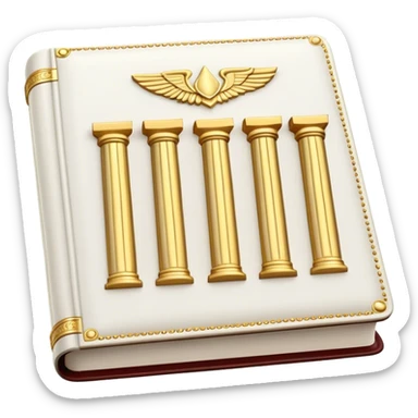 A white leather book with golden accents, smooth and polished, embossed with a symbol of six pillars columns,, radiating strength, confidence, and the power of self-worth.  sticker