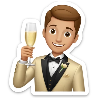 Wedding crasher character in fancy clothes trying to blend in at a wedding reception, holding champagne glass, goofy smile sticker
