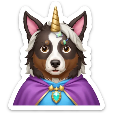 A daar autralian sheperd with a unicorn horn and a cape sticker