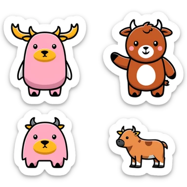 Penguin, highland cow, pink bear, brown dog sticker
