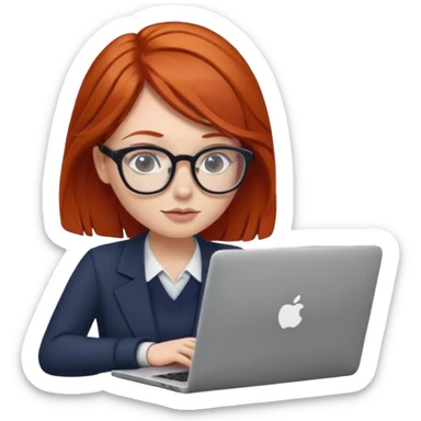 redhead female with glasses focused on a laptop sticker
