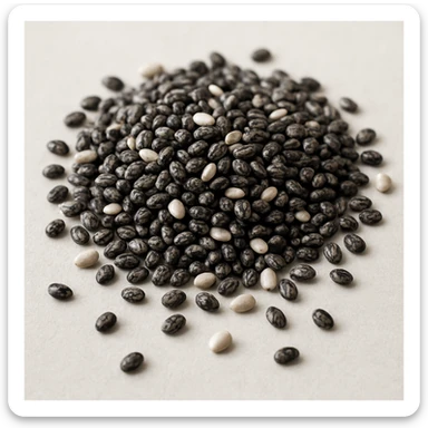chia seeds, photorealistic, black and white seeds, close-up view, light background sticker