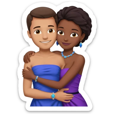 Tan tall brunette European male in blue shirt smiling and hugging a jet black African girl in purple strapless dress and blue jewelry they are on a beach with blue ocean water and palm trees sticker