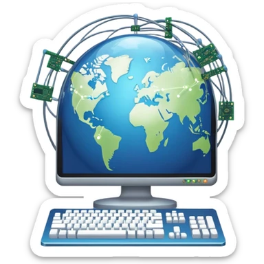 An icon featuring a computer monitor displaying code, a globe with network nodes, and a circuit board, symbolizing IT. The design includes data streams, cloud storage, and a keyboard, representing digital innovation, connectivity, and problem-solving. Transparent background sticker