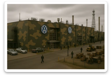 Realistic Volkswagen factory exterior, large industrial building with one Volkswagen logo, parking lots filled with cars, factory grounds with machinery and equipment, realistic lighting and shadows, industrial atmosphere, workers in uniforms walking around, camouflage colors, focus on the factory building in camouflage colors sticker