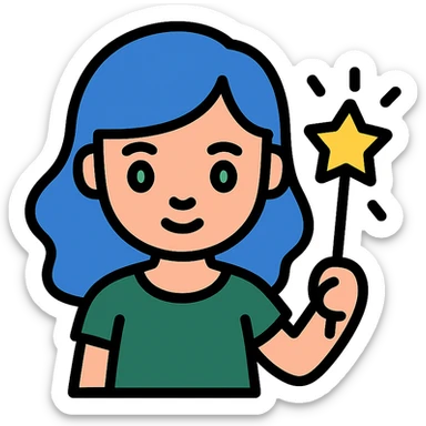 beautiful girl with blue hair and green eyes, holding a magic wand, wearing a dark green dress, color icon style sticker
