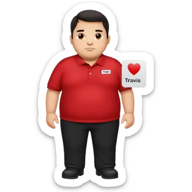 Dark haired Fat guy in red polo with black pants wearing a name tag that says TRAVIS sticker