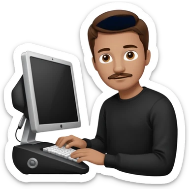  man with mustache, brown hair, 33years old, shirt, high temple Black pullover with a white shirt underneath and black fabric trousers work with couputer sticker