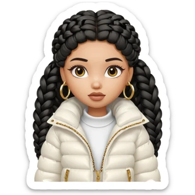 generate a pretty bratz girl with a WHITE puffer jacket, hoops, long braided hair black sticker