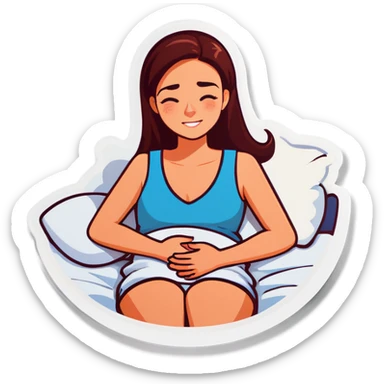 Young woman in bed with tummy pain sticker