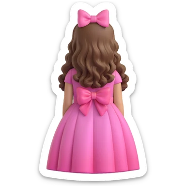 A girl seen from behind with long wavy brown hair, wearing a large pink bow and a pink dress, in 3D iOS emoji style, soft gradients, glossy finish, no background. sticker