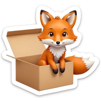 Cute fox sitting in a cardboard box with playful expression, kids toy aesthetic sticker