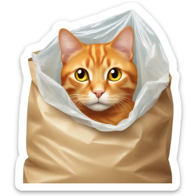 Orange cat with yellow eyes hiding inside of a plastic bag from up view sticker
