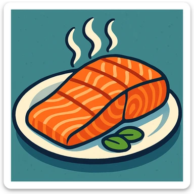 vibrant, appetizing cartoon style salmon fillet on a plate with steam rising sticker