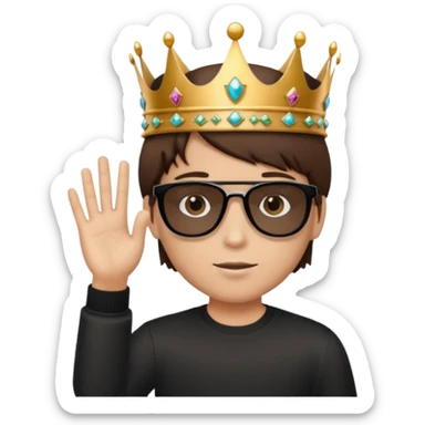 Un niño con cabello lacio no muy largo color marrón castaño,ojos marrones,piel no muy blanca, que tenga lentes de sol color negro,reloj en la mano derecha y una corona como sombrero sticker