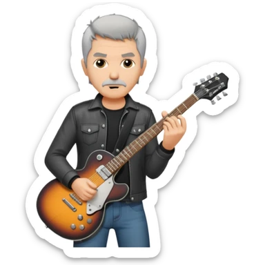 a short grey hair with no beard, middle age metal head with a classic epiphone eletric guitar sticker