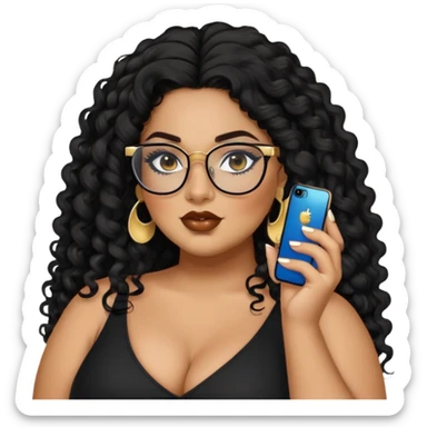 big plus size, latina, darker tan skin, long black curly hair, baddie,pretty, makeup, lipgloss, black eyeliner, long hair, SMALL gold earrings, black top, black glasses sticker