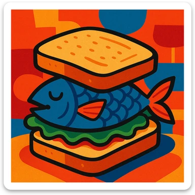 expressive illustration of a sandwich with bread and fish, gourmand atmosphere sticker