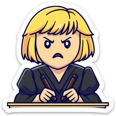 angry judge with blonde shoulder-length hair and bangs sticker