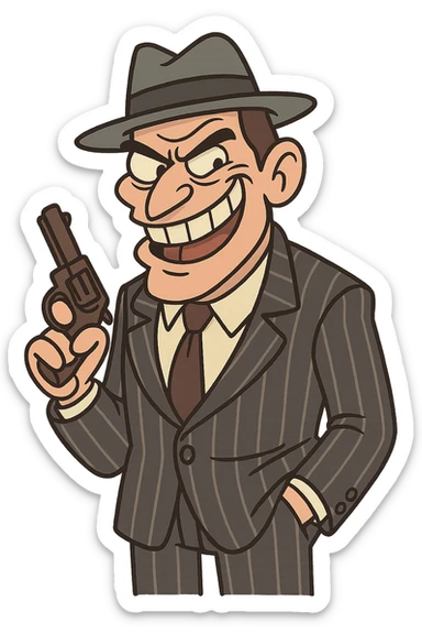 gangster, cartoonish, exaggerated features, pinstripe suit, fedora, mischievous grin sticker