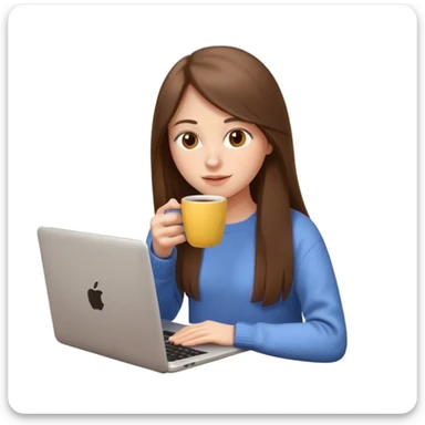 young woman 20 years old, long straight brown hair, wearing a sweater, drinking coffee and working on a laptop, 3D Apple emoji style, light yellow background sticker