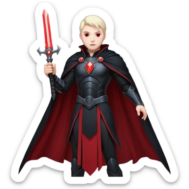 dark sci-fi villain human, black armor, long cape, glowing red energy sword, dramatic pose, 3D cartoon, mobile game icon style, clean background, no text sticker