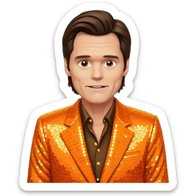 Jim Carrey with dark brown hair, orange sequin suit sticker