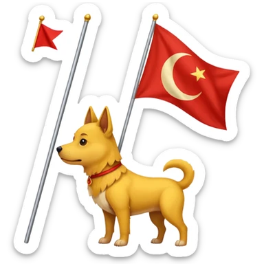 A triangular yellow flag and middle of that flag a red crescent moon within that a Red dog sticker