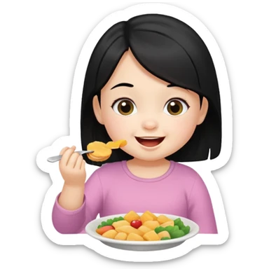 eating food well baby with happy face black hair girl sticker
