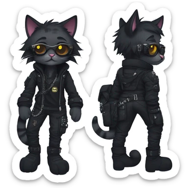 Gorgeous dark techwear cyberpunk style anthro cat sona, punk aesthetic, and pretty edgy black with collar and harness, trending style sticker