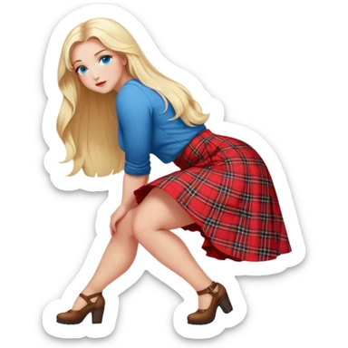 curvy blonde long hair and blue eyes, intimate bending over arched back sfw plaid red skirt pose sticker