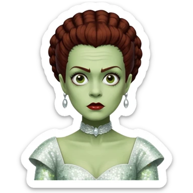 Bride of Frankenstein from Universal Monsters with pale greenish skin, dark auburn hair, white sequin outfit  sticker