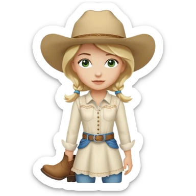 cowgirl bionda con occhi verdi/azzurri con un vestito bianco stivali e cappello beige sticker