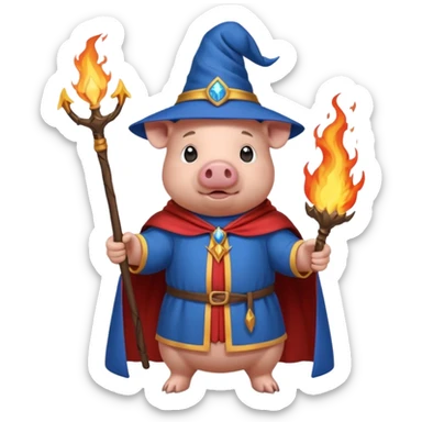 wizard pig summons fire in one hand blue cape sticker