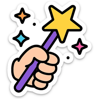 kawaii style magic wand with a chubby hand, surrounded by twinkling stars, colorful icon sticker