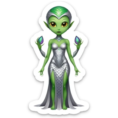 Green Alien woman with scales skin in silver dress, full figure, yellow eyes sticker