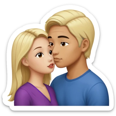 A Asian man with a side part kissing a blonde thin woman sticker