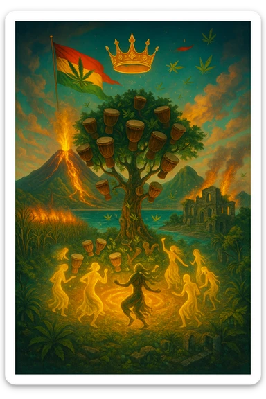 “Depict a mystical reimagining of Guadeloupe, a sacred French Caribbean island renamed Gwadaloo in spiritual rhythm. The landscape blends lush green mountains, twin volcanoes erupting golden light, and deep turquoise sea. In the center stands a legendary Drum Tree — its branches grow carved wooden drums instead of fruit, and glowing ancestral spirits dance around it in a circle of rhythm. Sugarcane fields burn gently in the background, symbolizing the release of colonial pain, while ganja leaves drift in the wind like blessings. Overhead, a sacred ganja-leaf flag flutters in the sky with red, green, and gold colors. A Creole crown floats in golden light above the island, not on any man’s head, but pulsing to the beat of the land. In the distance, ghostly ruins of colonial buildings crumble into dust, reclaimed by vines and time. Use a vibrant, cinematic color palette with warm golden light, deep greens, glowing reds, and ocean blues. Style the scene as prophetic, surreal, and empowering — a vision of Caribbean sovereignty, rhythm, and soul remembrance." sticker