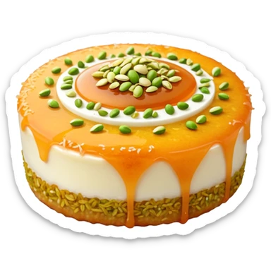 A small round emoji of traditional kanafeh with golden-orange crispy threads, a gooey white cheese center, and a light sprinkle of green pistachios. Warm and delicious-looking. sticker