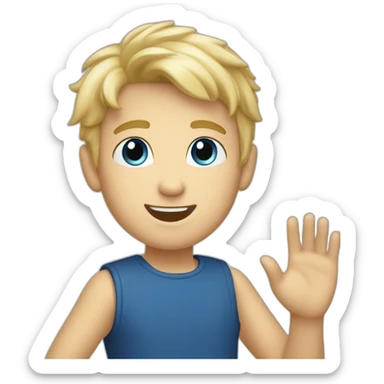 Blonde boy with medium short hair, blue eyes, waving hi to the camera sticker